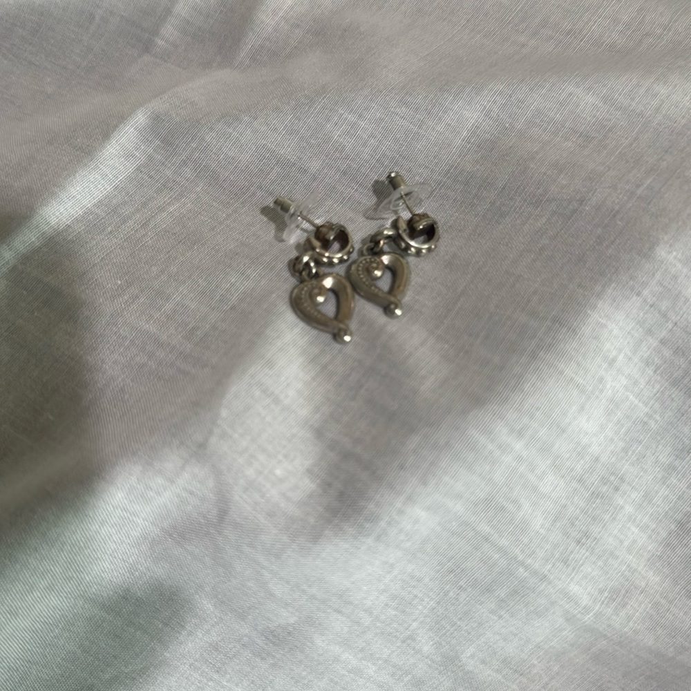 Retired Brighton Silvertone Heart Drop Earrings - Picture 2 of 3